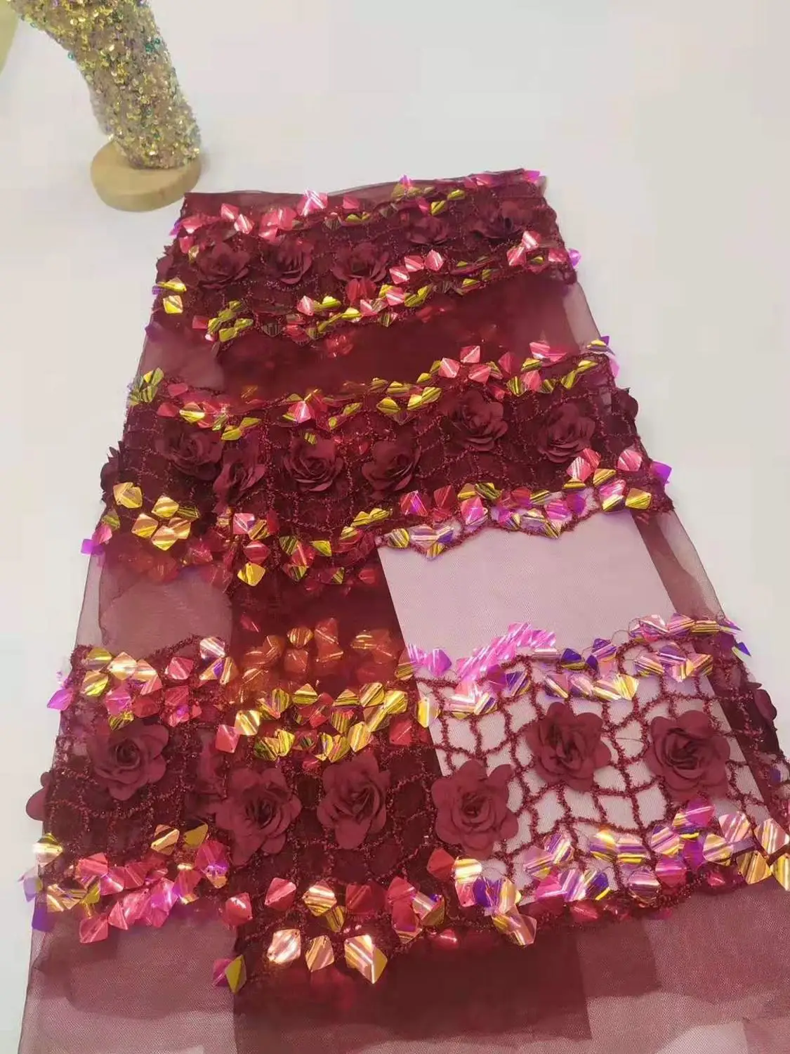 3D Цветочная сетка газовая вышивка блестящие вогнутые блестки африканские