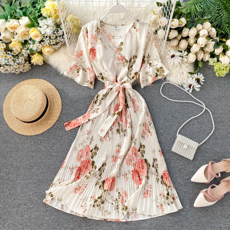 Boho 2021 V образным вырезом Цветочный принт летнее Бандажное платье миди длинные