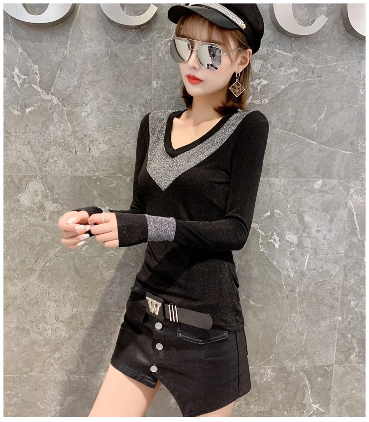 Женский Блестящий пуловер в стиле пэчворк с v-образным вырезом европейском на