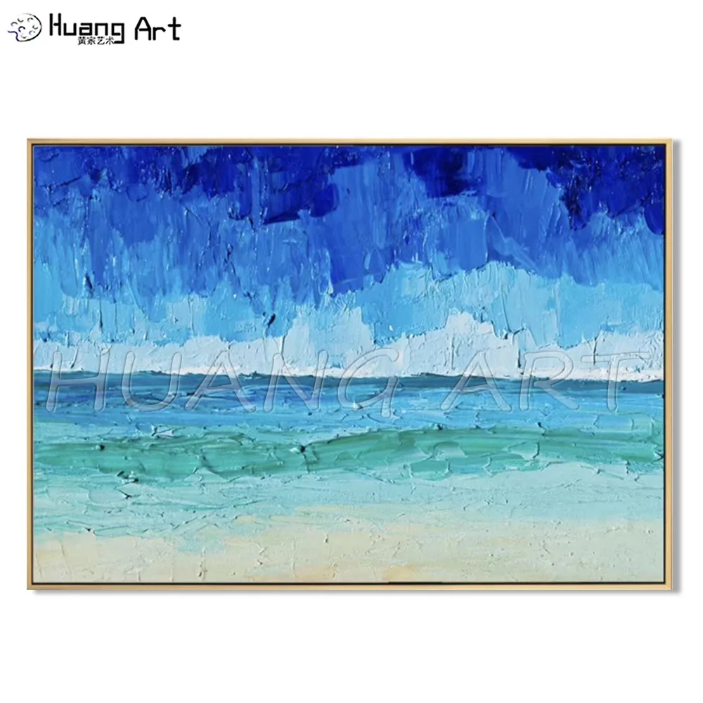 

Abstract Sea Wave Landscape Painting on Canvas Hand-painted Modern Blue Sky Seascape Knife Oil Painting for Wall Decor Picture