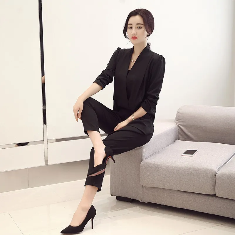 

Office Lady Elastic Waist Full Length Pants Long Sleeve Pullovers Tops Suits Women Solid 2 Piece Sets Spring Korean New