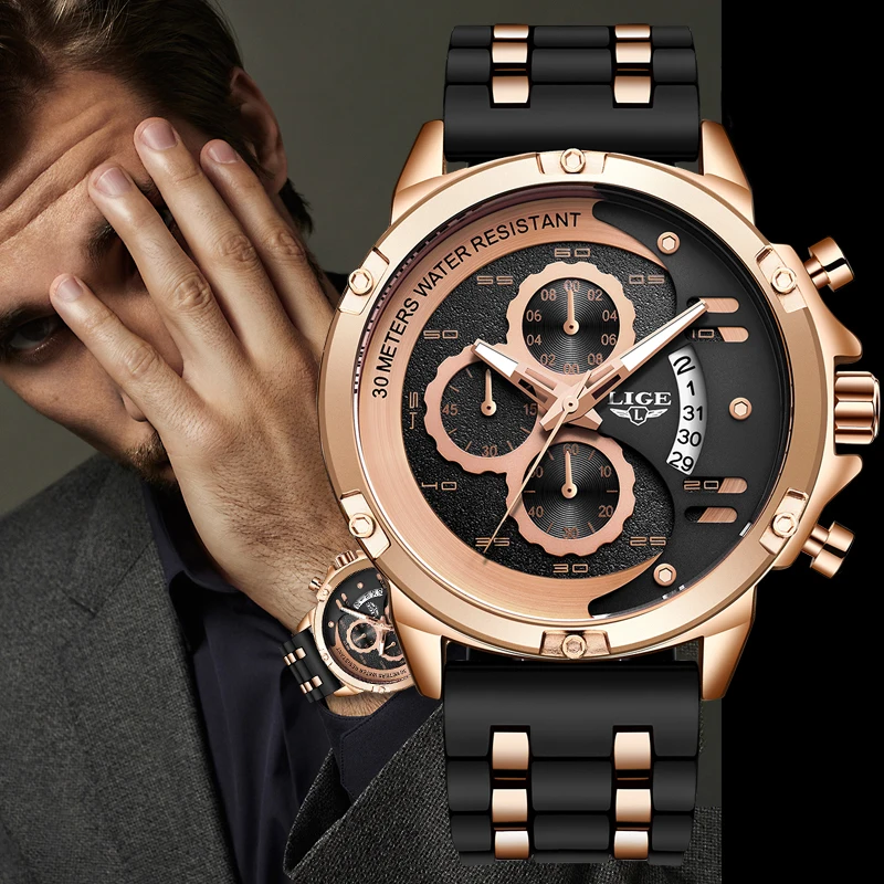 LIGE мужские часы люксовый бренд светящийся дисплей водонепроницаемые спортивный