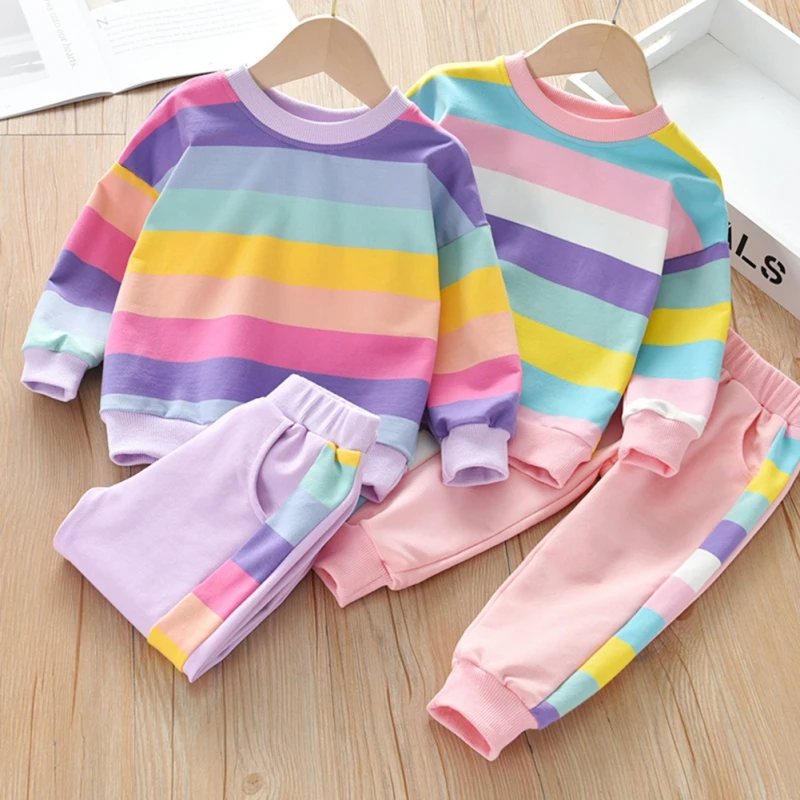 

Baywell Children Girls Rainbow Print Clothes Set Spring Autumn Sweater Tops Pants Kids Baby Girl Clothing Fashion Sports Suit