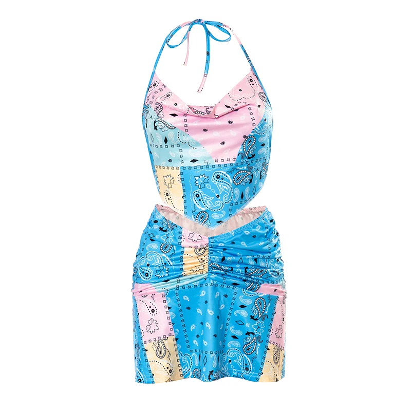 

Cashew Flower Print Halter Lace-Up Backless Short Skirt Set Women's Mini Skirt Sleeveless Sexy