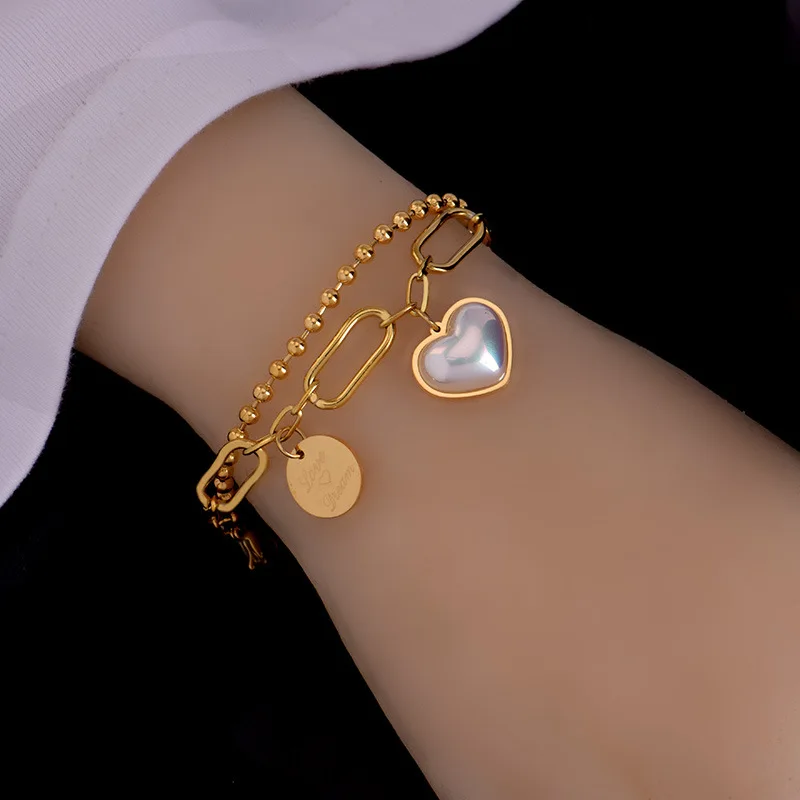 

YAOLOGE FASHION 316L Stainless Steel Gold Color Bead Pearl Heart Bracelets 2021 Trendy 2 Layer Bracelets Female Fashion Jewelry