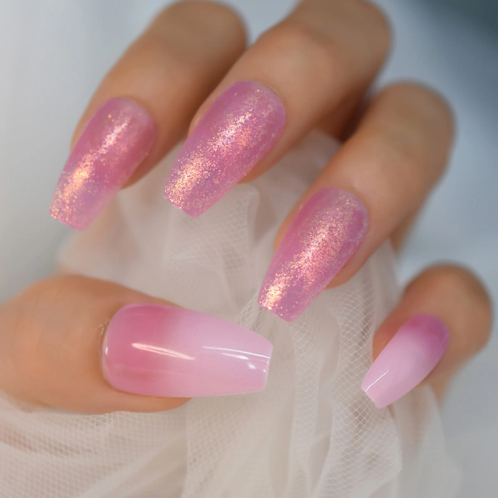 On False Nails Shiny Glitter Gradient Long Ballerina Coffin Full Cover Fake Fingers Nails Faux Ongles