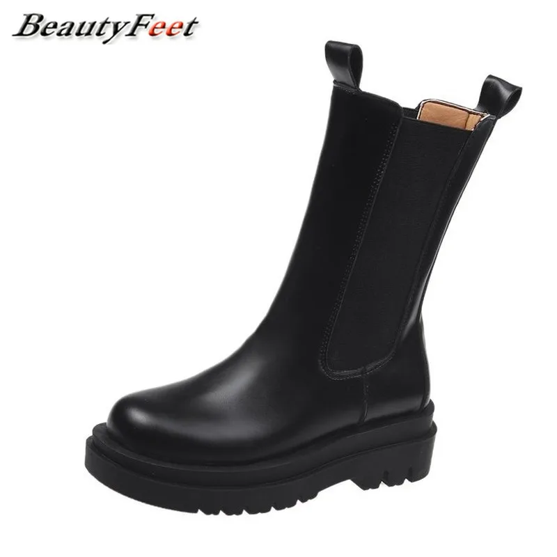 

New Autumn Winter Boots Solid Black Leather Ankle Boots for Women Shoes Woman Slip on Square Heels Platform Boots Women