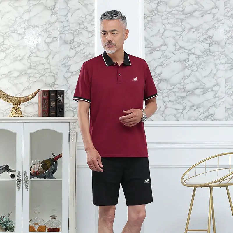 

Fuguiniao summer new middle-aged and elderly men's short sleeve suit sports cotton loose dad suit two-piece men's suit