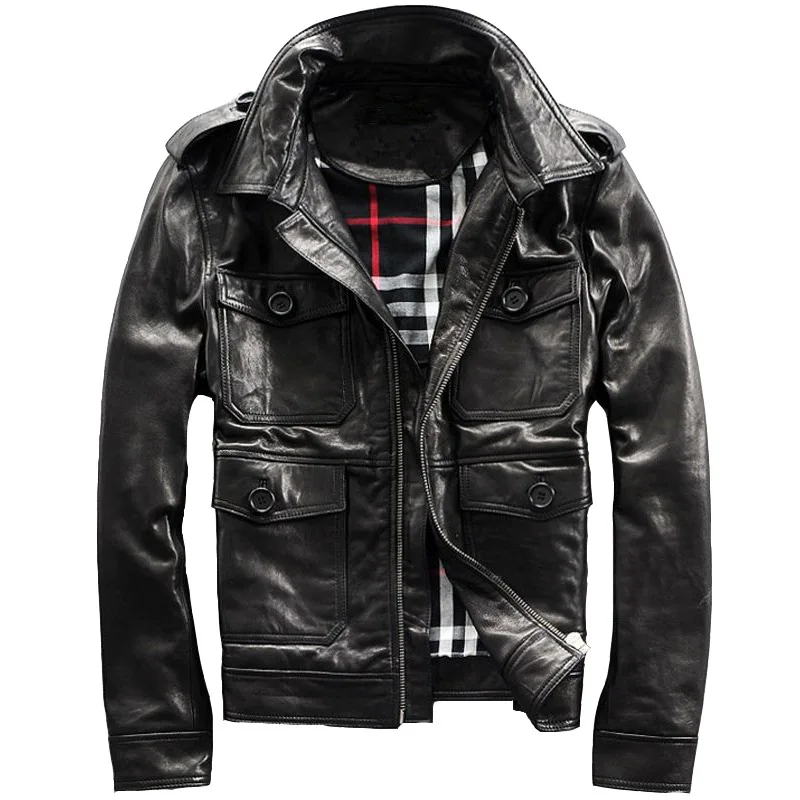 

Men's Slim Lapel Leather Jacket Men's Distressed First Layer Calfskin Leather Jacket