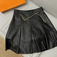 european brand genuine leather sheepskin pleated short skirt female streetwear spring 2022 sweet a line skirt white black faldas