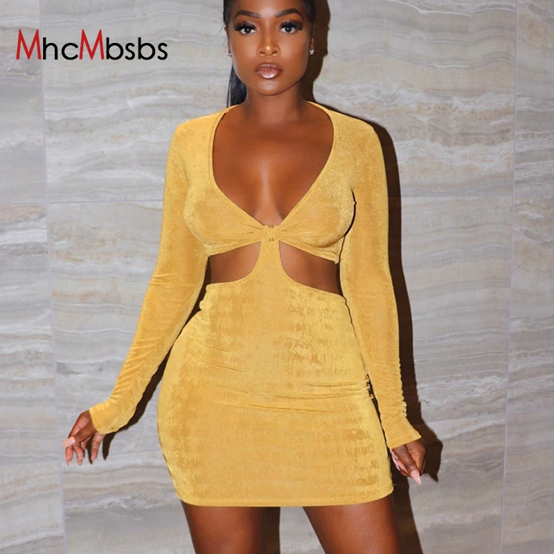 

Sexy V-Neck Long Sleeve Mini Dress Women Black Cut Out Bodycon Dresses 2021 Summer Clubwear Slim Cute Party Club Robe