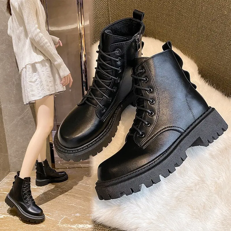 

2021 Motorcycle Women's Boots Winter Soft Leather Shoes Black Botas Wedges Female Lace Up Platforms Women White Botas Mujer