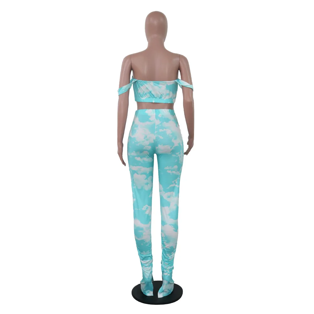 

HAOOHU Sexy Tie Dye 2 Piece Set Women Summer Matching Sets Off Shoulder Crop Top Stacked Pants Suits Two Piece Club Outfits
