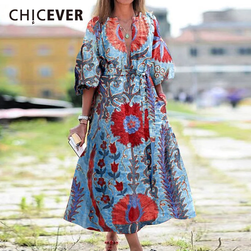 

CHICEVER Oversized Dress For Women V Neck Half Sleeve Sashes Knee Length Print Dresses Female 2021 Spring Fashion Clothing Style