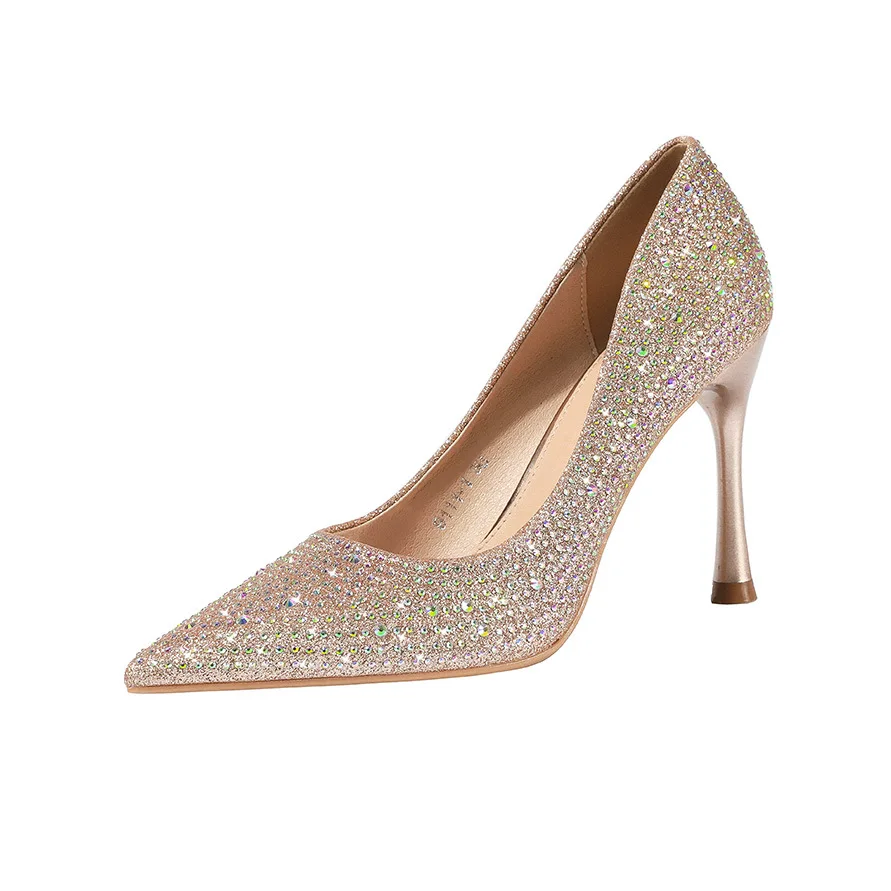 

Shine Crystal Party Shallow Pumps Sexy Ladies Pointy Toe Thin High Heels Fashion Summer Women Shoes European Rhinestone Footwear