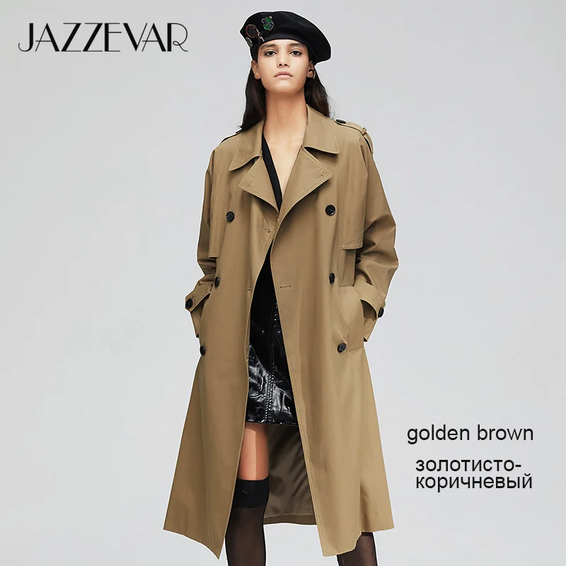JAZZEVAR Новое поступление осенний плащ хаки пальто для женщин хлопок промывают длинный двубортный модный тренч свободная одежда высокого качества 9013-1 - Цвет: golden brownXTS04