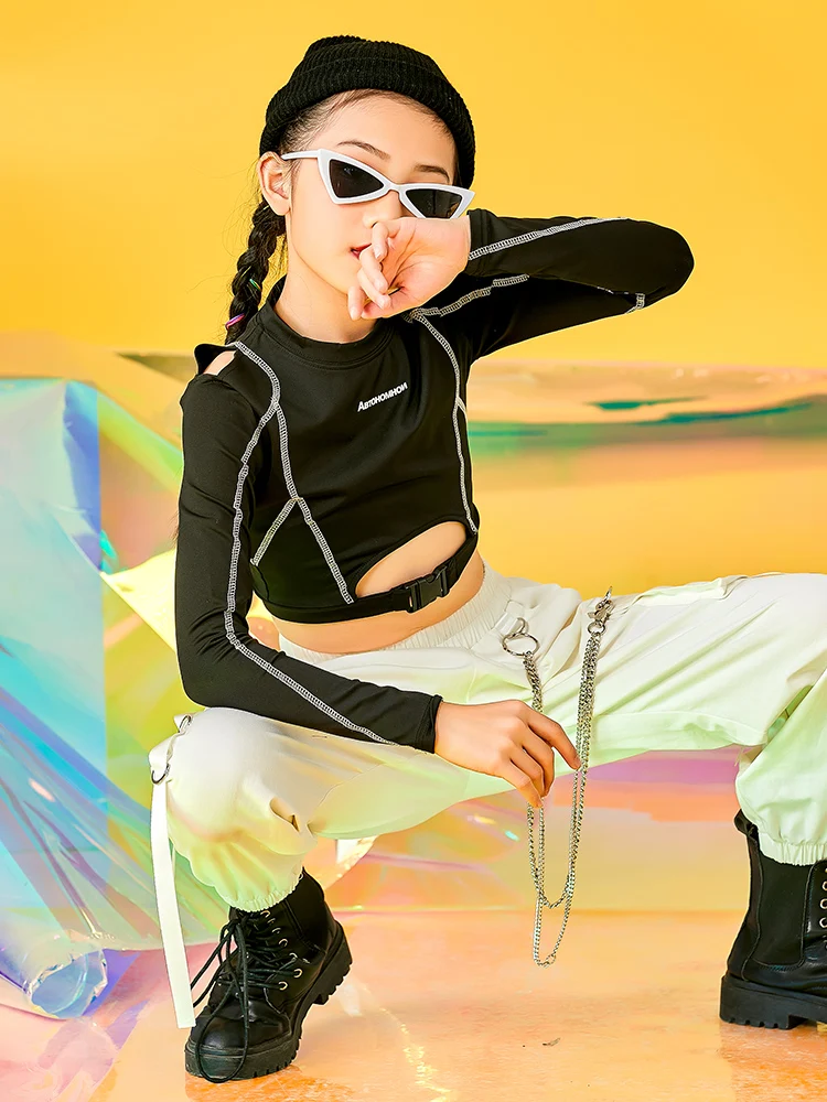 

2021 Fashion Modern Dance Hip Hop Clothing Black Long Sleeve Tops Hiphop Pants Rave Clothes Jazz Street Dance Costumes DQS6622