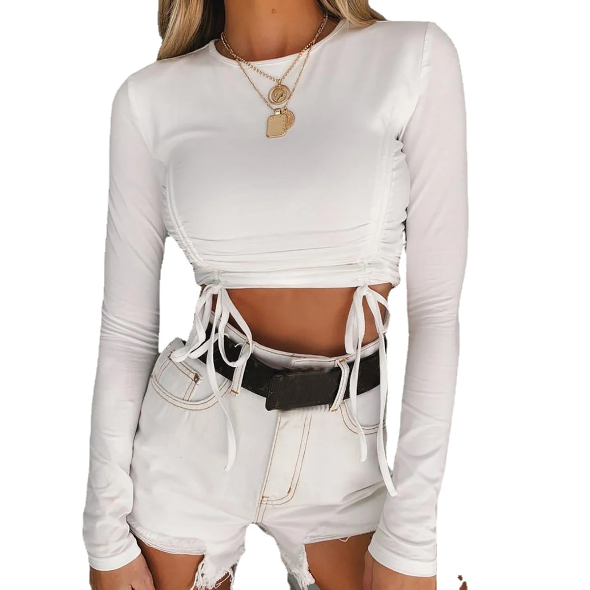 

Fashion 2021 Women Long Sleeve Crop Top Folds Female Clothing Slim T-shirts Solid White Black O-neck Tops Tees Autumn Tops Tees