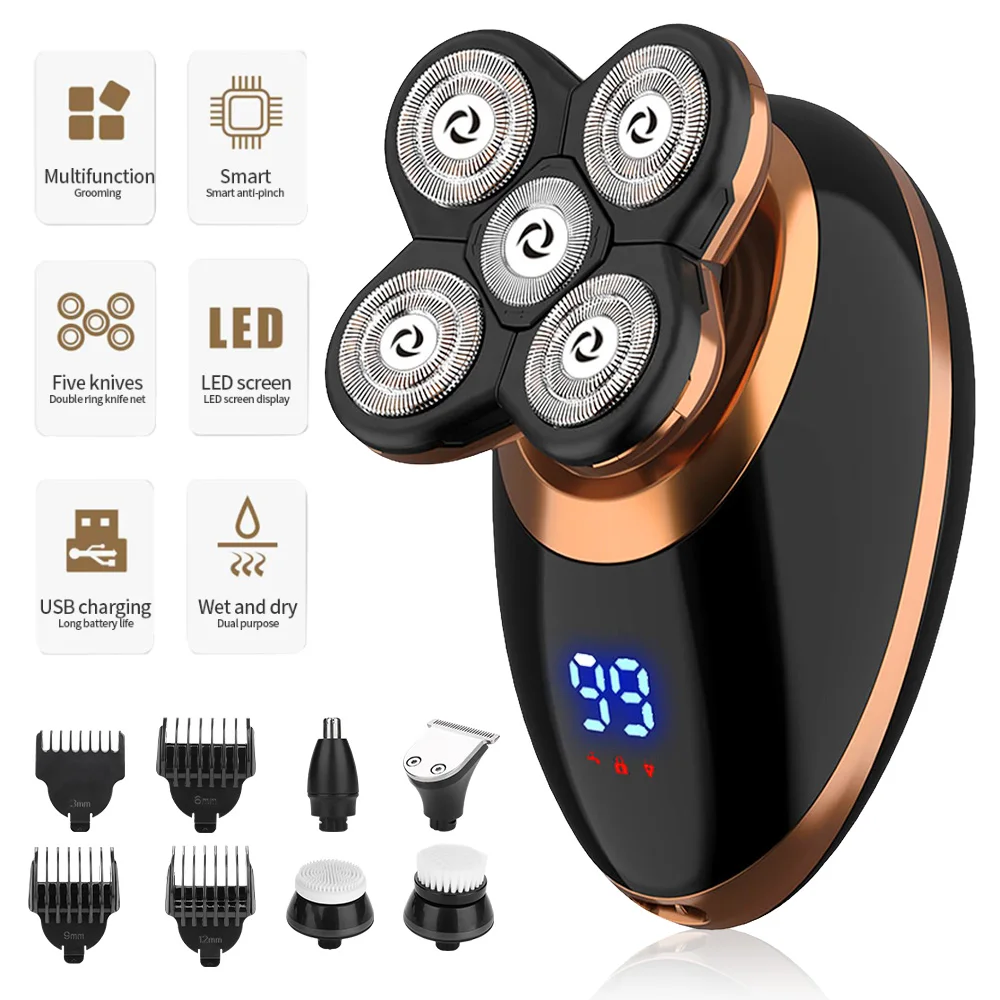 

New 5 in 1 Rechargeable Electric Shaver Five Floating Heads Razors Hair Clipper Nose Ear Hair Trimmer Men Facial with Spare Head