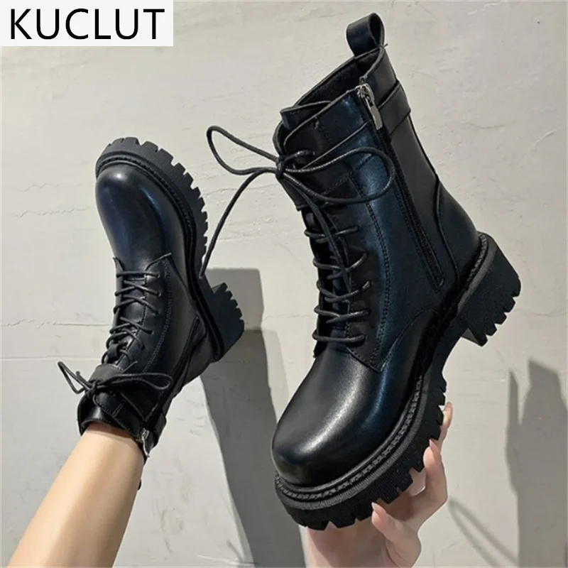 

2021 Autumn Outdoor Comfortable Platform Casual Martin Boots Square Heel Lace-Up Ankle Boots Fashion Zipper Buckle Women's Boots