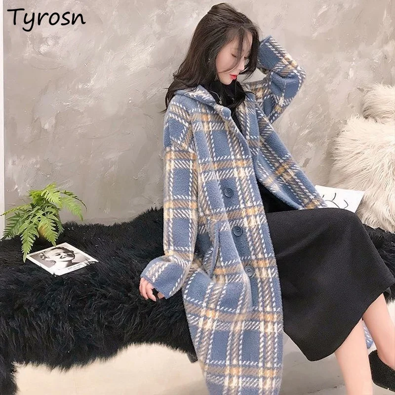 

Women Wool Blends Elegant High Street Plaid Coats Loose All-match Ulzzang Keep Warm Thicker Double Breasted Long Outwear Ladies
