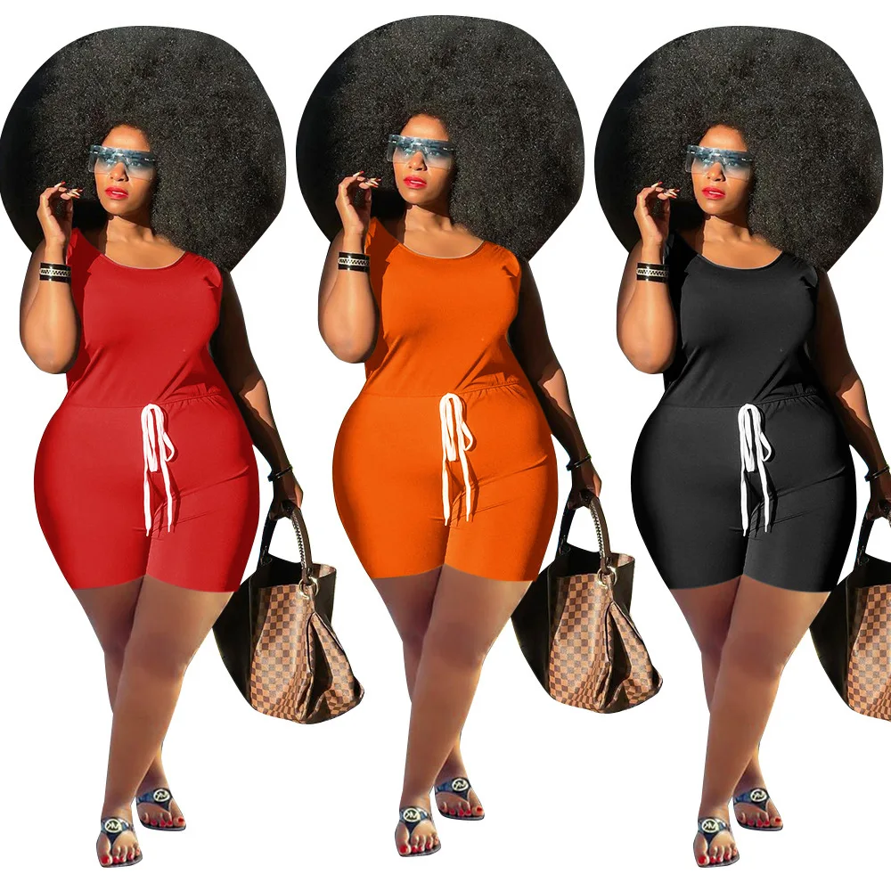

SHZQ 2021 Summer Casual Sportwear Short Jumpsuits Plus Size O-neck Sleeve High Waist Lace-up Solid Color Fashion Vest Rompers