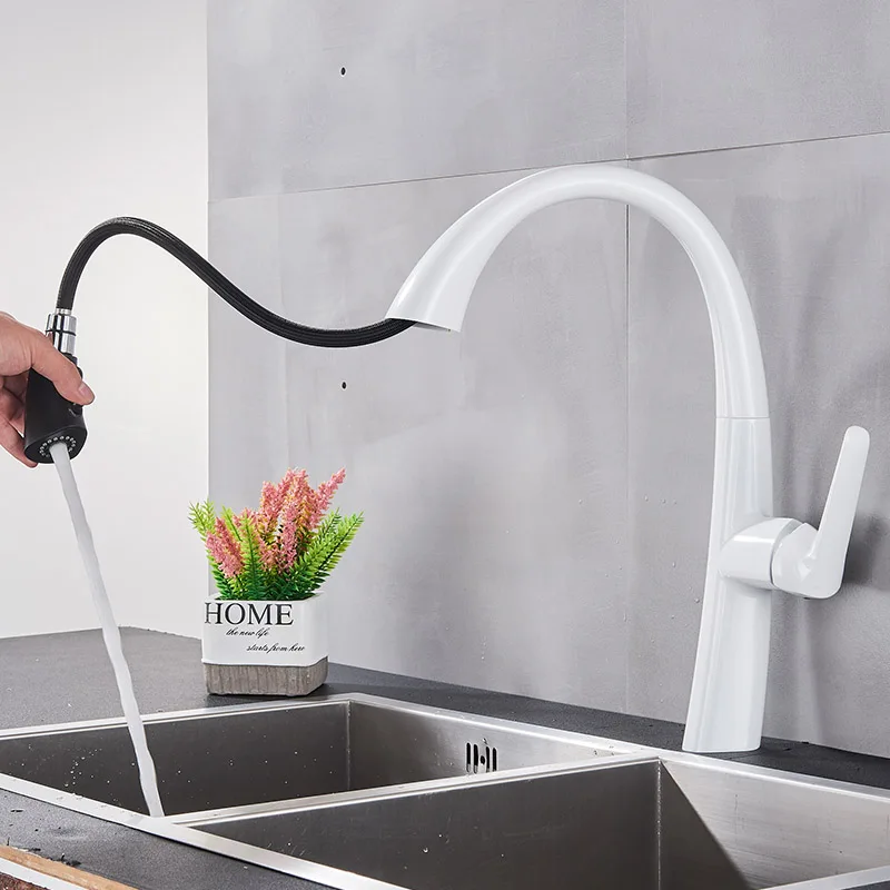 Matte Black Pull Out Kitchen Faucet Chrome 360 degree rotating Elegant Kitchen Sink Faucets Dual water modes Hot Cold Mixer Tap - Color: White