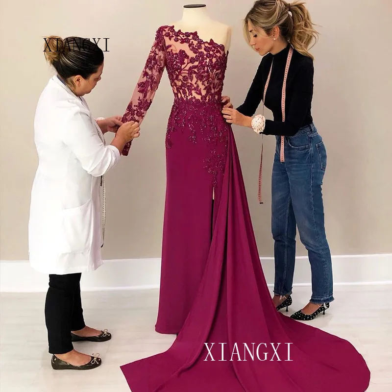 

2020 Charming Mermaid Evening Dresses Lace See Through High Split Long Evening Dress Formal Party Gowns Robe de soiree