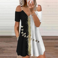 summer fashion v neck zipper camisole print casual short sleeve oversized dresses for women loose temperament party mini dress