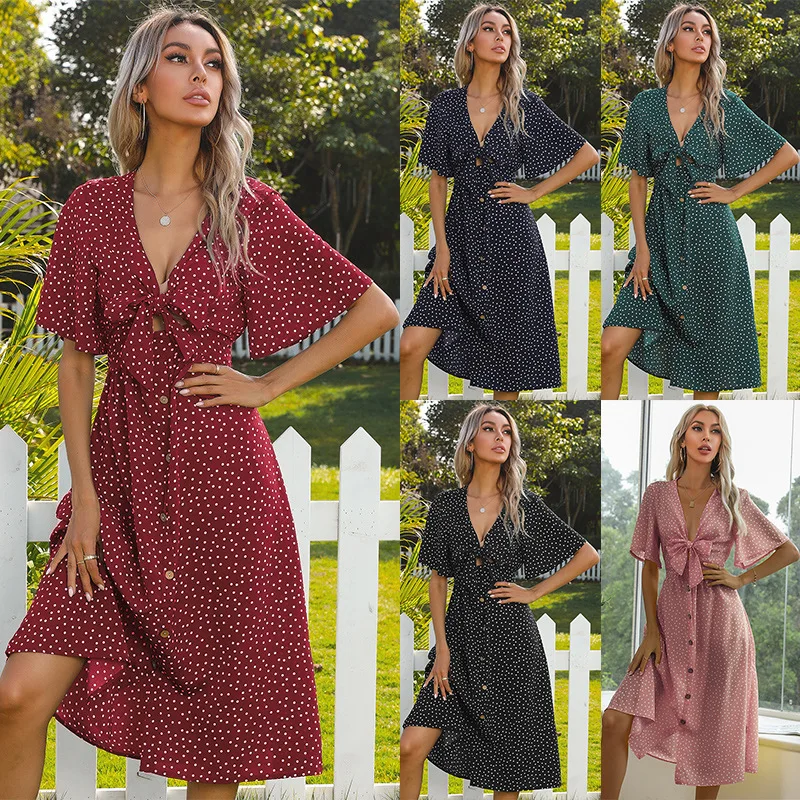 

платье летнее женское2021 midi dress Women French polka-dot V-neck hollow short-sleeved bow summer Dresses Robe Femme