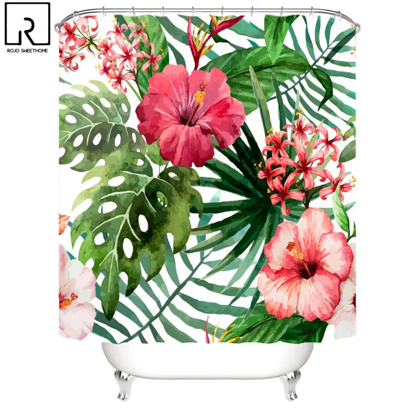 elegant leaves big flowers print shower curtain with hooks high quality waterproof bathroom curtain bath mat set home decoration free global shipping
