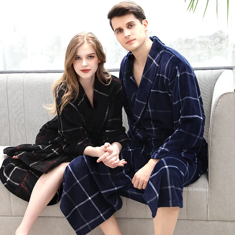 

Men Winter Plaid Plus Size Long Coral Fleece Bathrobe 40-130KG Warm Flannel Bath Robe Kimono Robes Dressing Gown Night Sleepwear