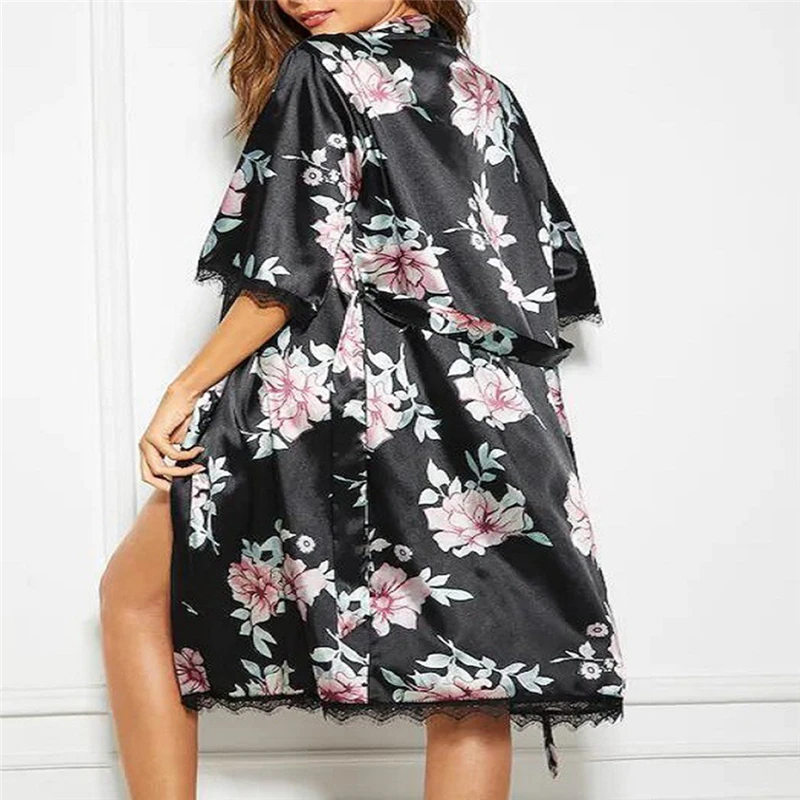 

Fashion Ladies Floral Printed Nightgown Sexy Lace Patchwork V Neck Half Sleeves Belt Nightdress Comfortable Female Sleepwear