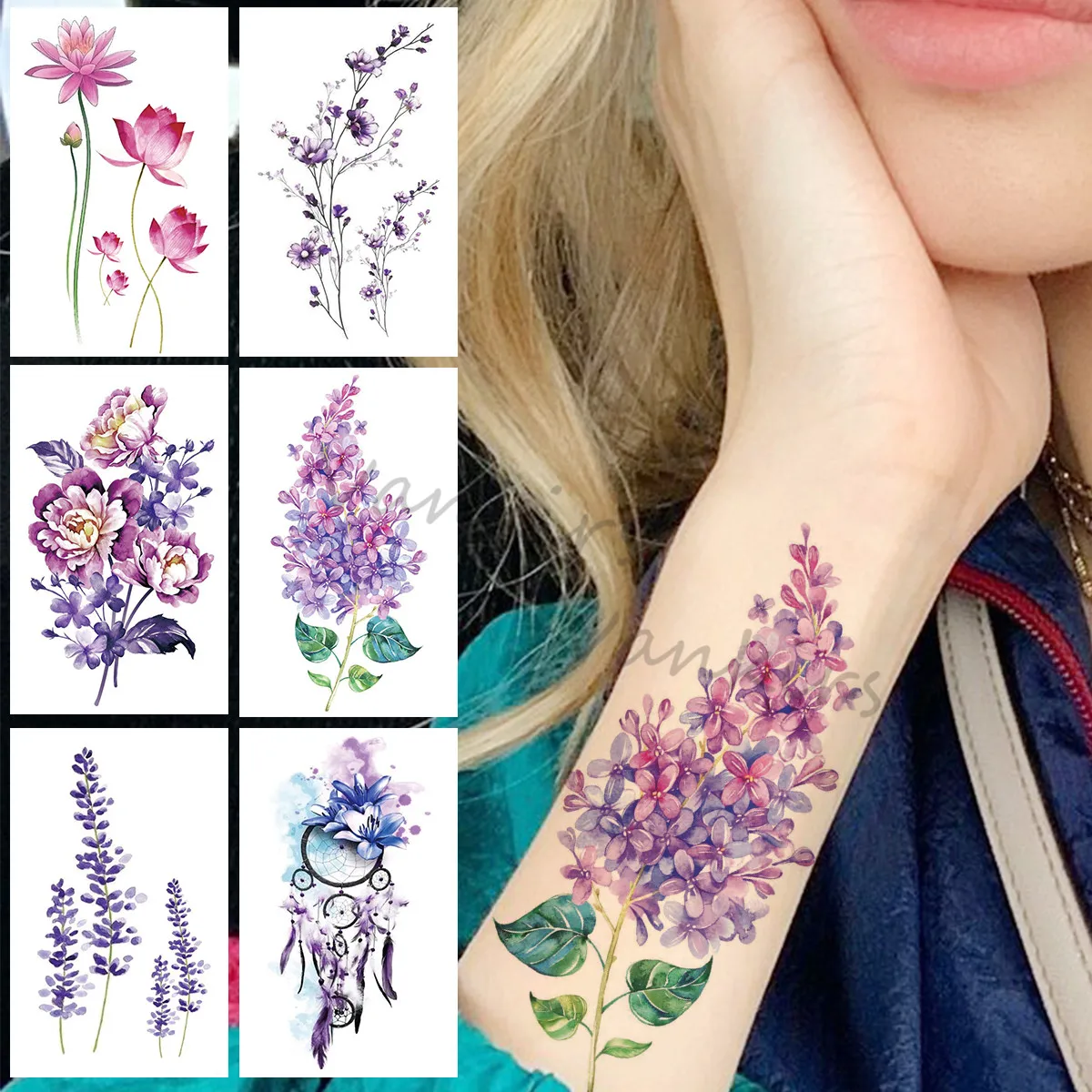 

Brightly Colored Gentian Flower Temporary Tattoos For Girls Kids Lavender Dream Catcher Fake Tattoo Sticker Arm Body Tatoos