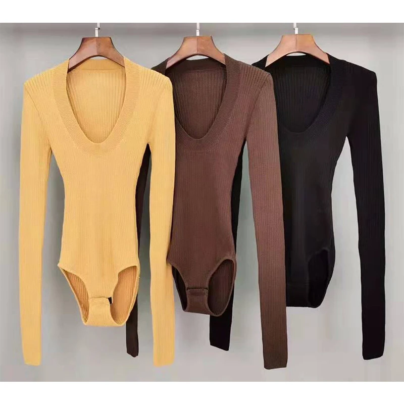 Cosmicchic Women Long Sleeve Knitted Wool Bodysuit 2019 Autumn Winter O Neck Sexy Bodycon Top Quality Party Club Solid Body