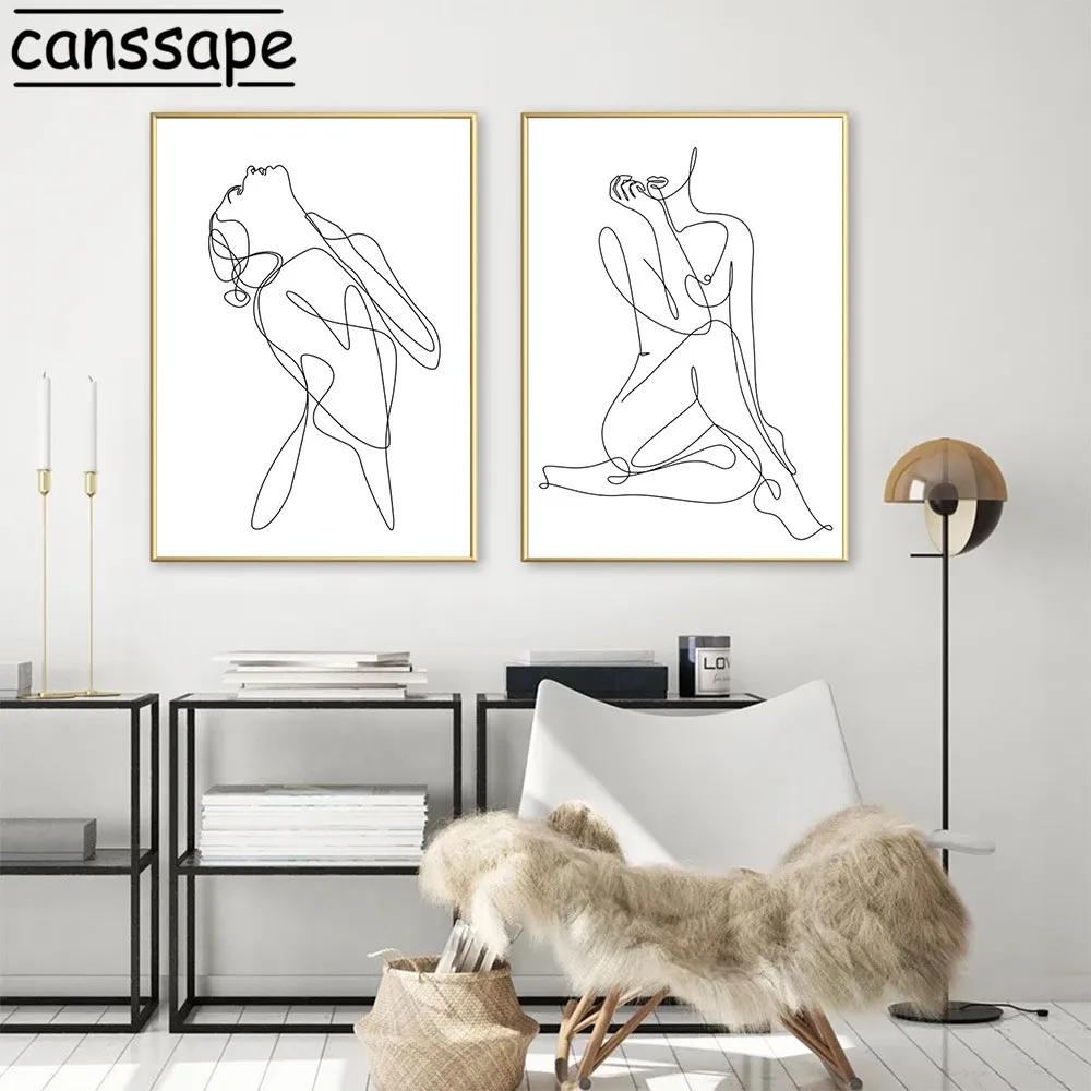 Линия для боди арта Плакаты Йога голая Картина на холсте женщина абстрактная
