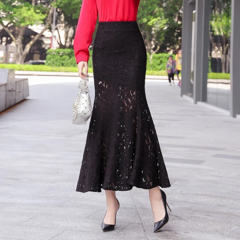 Autumn Spring Korean Style Women High Waist Slim Fit Black Lace Wrap Skirts Office Lady Mermaid A-Line Long Skirt Solid Cotton