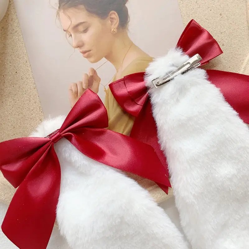 

Kawaii Women Girls Hair Clip Cute Rabbit Bunny Plush Lop Ears Hairpin Candy Color Ribbon Bowknot Lolita Cosplay Hair Accessories