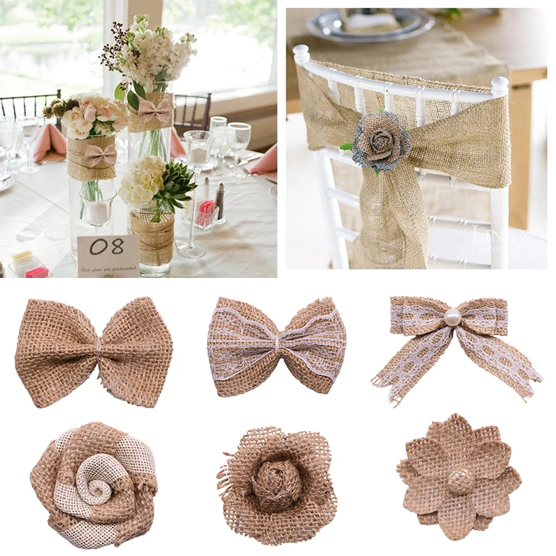 

DIY Jute Burlap Decorations Vintage Natural Bow Ties Burlap Hessian Flowers Wedding Valentine Decor Supplies