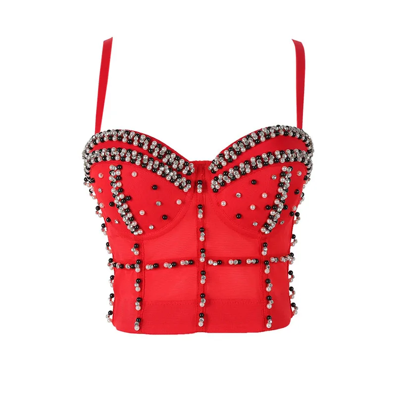 WYS.JL New Beaded White Red Corset Stage Show Crop Top Sexy Nightclub Women's Tube Top #2586
