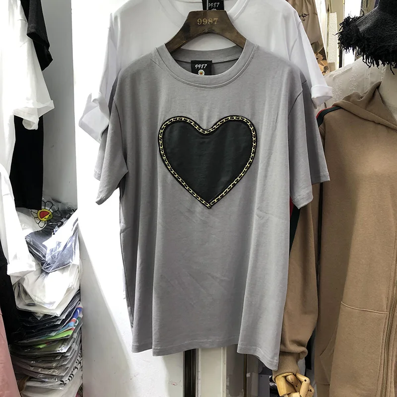 

2021 Summer New Women Clothing Metal Heart Round Neck Tee Elegant Wild Loose Short Sleeve Ladies T-shirt O-neck Pullover Top