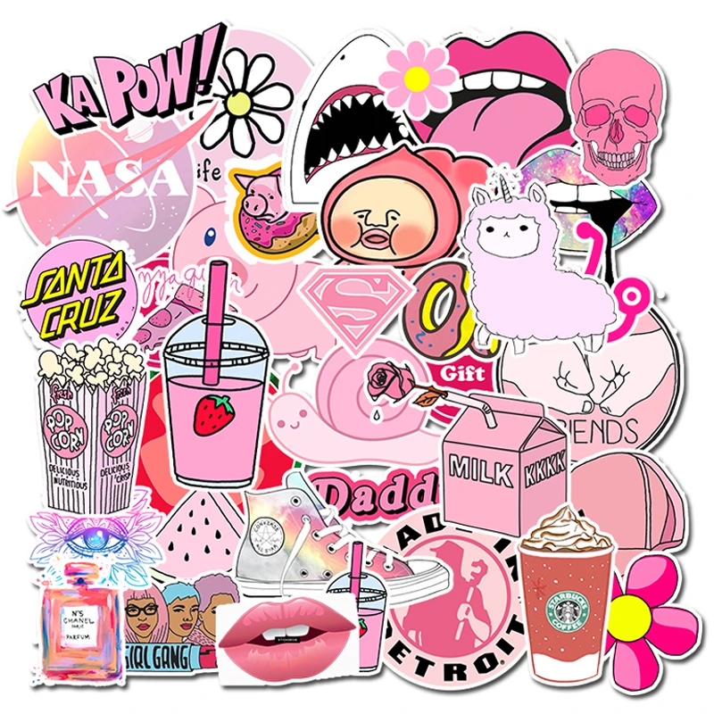 

50 шт. водонепроницаемые наклейки Kawaii, розовые Веселые наклейки из ПВХ, наклейки для багажа для ноутбука, чемодана, автомобиля, модные стильн...