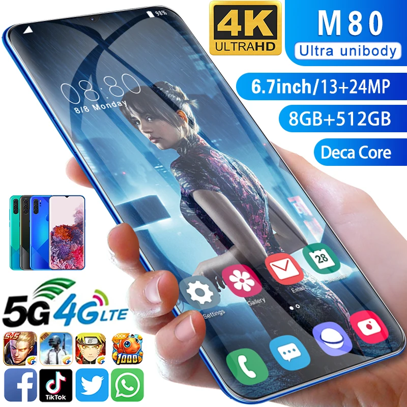 

6.7Inch M80 13MP+24MP Smartphone Android 10 5g Net 10 Core 4800mAh Unlock Global Cellphone 8GB+512GB Double Sim MTK 6799 Face ID