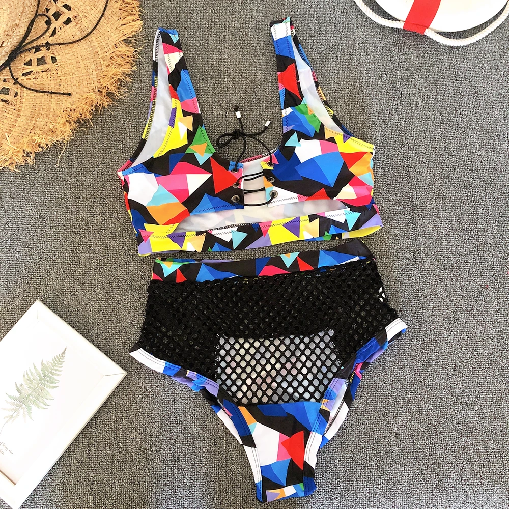 

TW716 New Fashion Geometric African Printed Two Piece High Waist Bikini Set Mesh Swimwear 2021 Custom Thong Brazilian Bikinis
