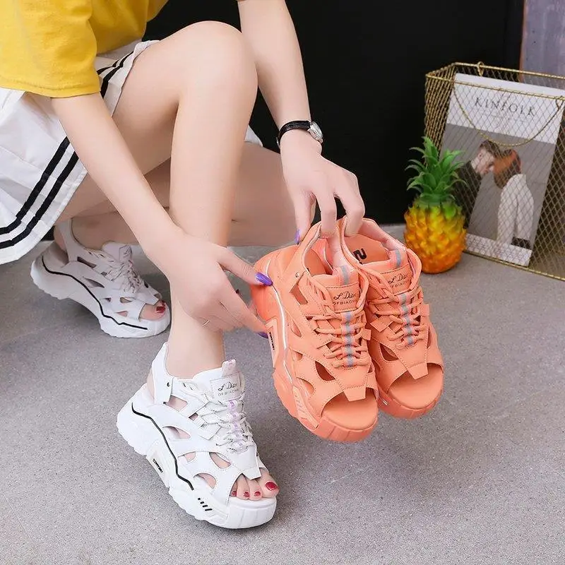 

Internet Celebrity Daddy Sandals Women 2020 Summer New Ins Hollow-out Breathable Mesh Thick Bottom Orange Sports Trendy