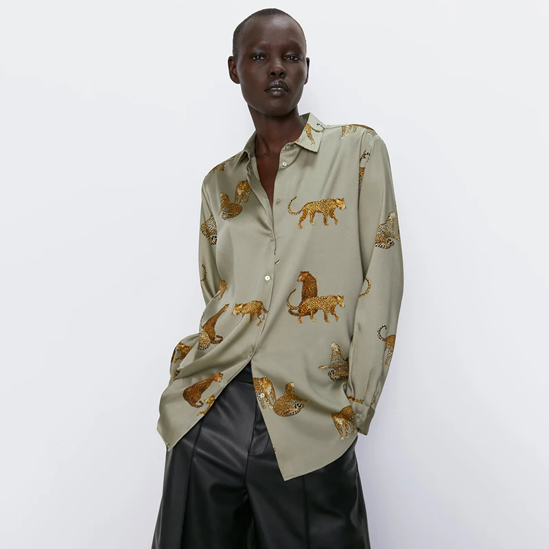 2019 ZA Осенняя новая рубашка с принтом женская модная отворотом и длинным рукавом