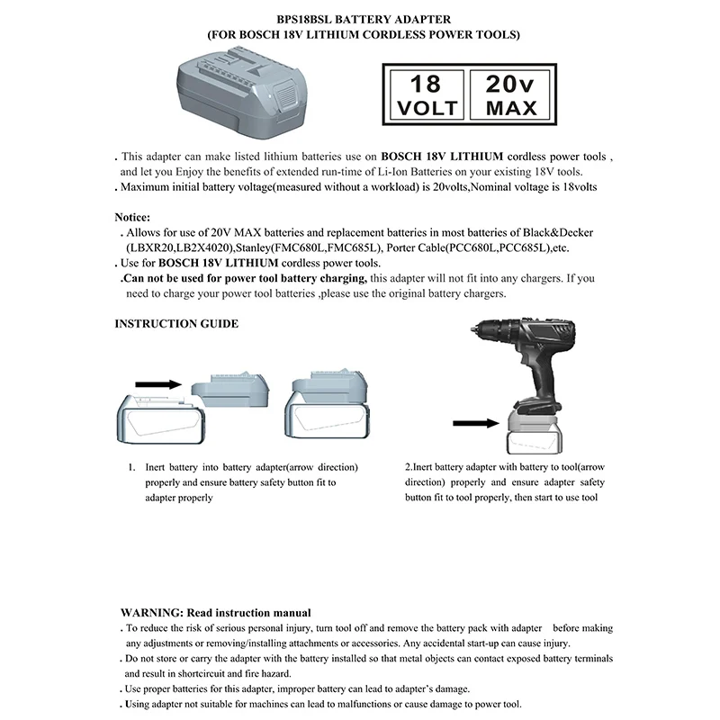 

BPS18BSL Li-Ion Battery Converter Adapter for Black Decker/Stanley/Porter Cable 18V Used To for Bosch 18V Tool