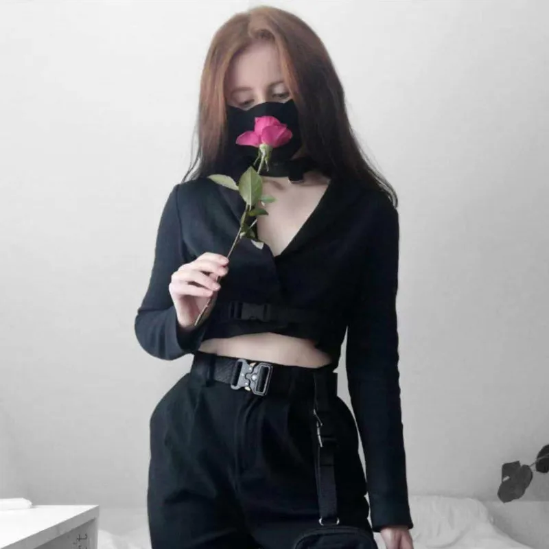 Новый черный Для женщин короткий пиджак Harajuku Туфли с ремешком и пряжкой v