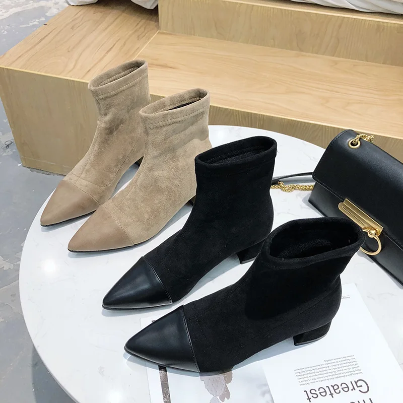 Ботильоны женские черные и персиковые замша кожа в стиле пэчворк модные зимние