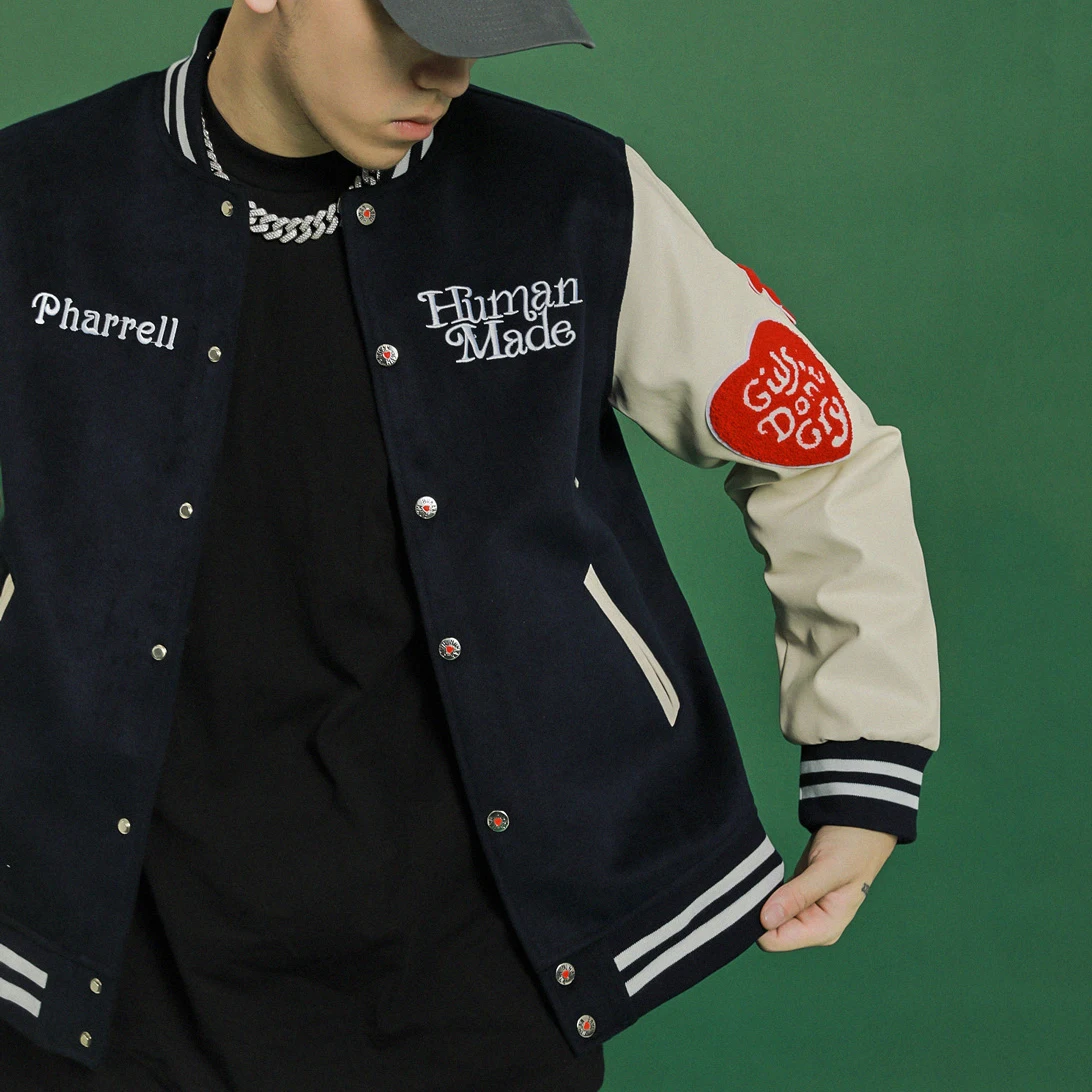 

HUMAN MADE New Nigo Autumn Winter Coat Leather Sleeve Baseball Jersey Fleece Embroidery Coat Baseball Jackets Couples Jacket